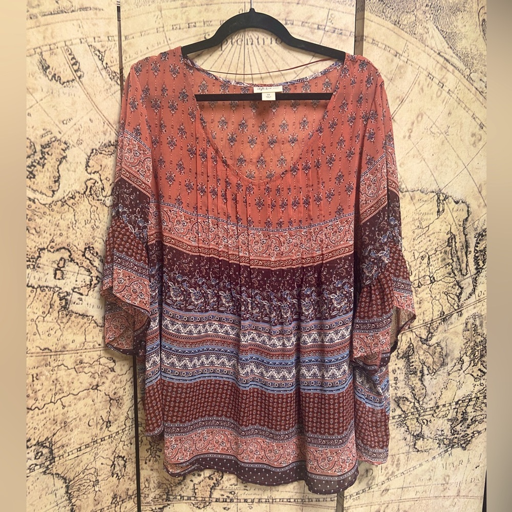 Style & Co 3x Semi-Sheer Flowy Striped Bell-Sleeved Top